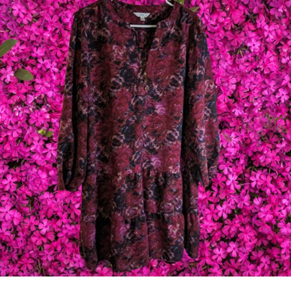 Time and True Lg long sleeve red burgundy floral polyester flowy woman's dress